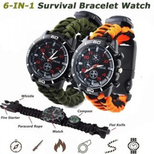 RELOJ TACTICO SUPERVIVENCIA PULSERA DE PARACORD BRUJULA TERMOMETRO SILVATO INICIADOR DE FUEGO 6 EN 1